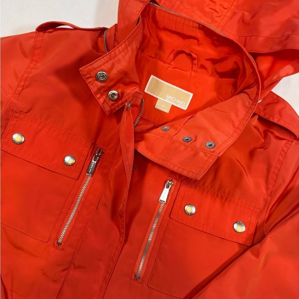 NWOT Michael Kor’s Women's Orange Hooded Rain Coat Jacket with silver details - Picture 2 of 12